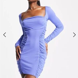 NEW ASOS long sleeve cowl neck halter ruched blue mini dress